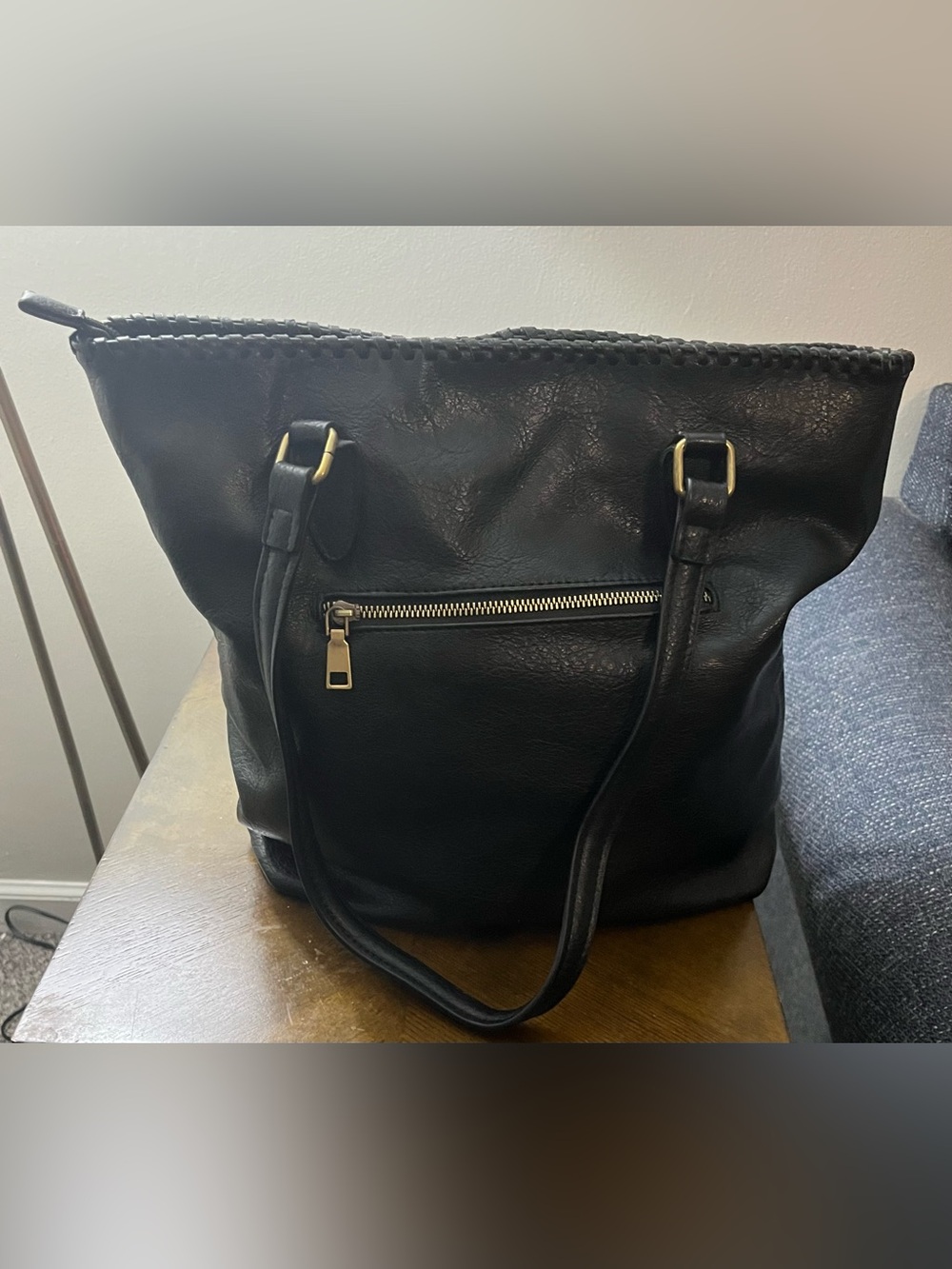 Black Leather Tote Bag with Front Zip Pocket